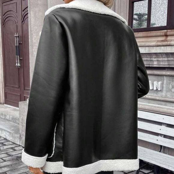 Black and White Teddy Lined PU Leather Coat - Picture 3 of 6